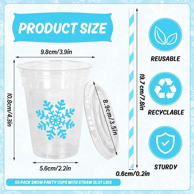 Whaline 50 Pcs Christmas Disposable Plastic Cups with Lids and Straws 12 oz Party Cups Blue Snowflake Cold Beverage Drinking Cups for Winter Xmas Holiday Party Supplies