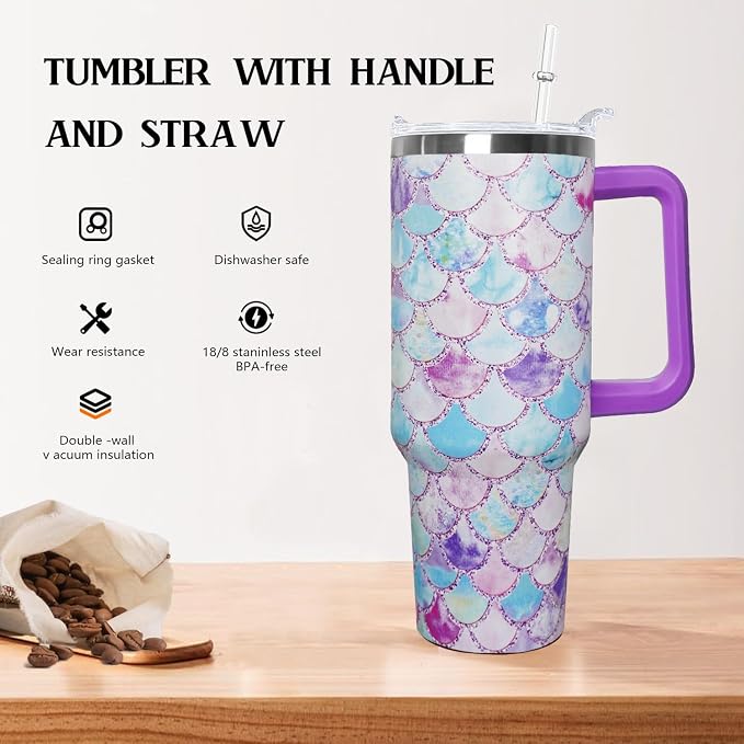 Ceovfoi 40 Oz Mermaid Double Wall Vacuum Stainless Steel Tumbler with Handle Lid and Straw,Watercolor Ocean Cup,Water Bottle,Travel Coffee Mug,Hawaiian Mermaid Decor,Accessories