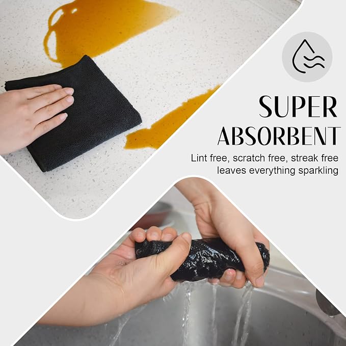 SINLAND Microfiber Cleaning Cloth Absorbent Dish Cloth Kitchen No Streak Dish Rags Glass Cleaning Cloths 12inchx12inch 12 Pack Black