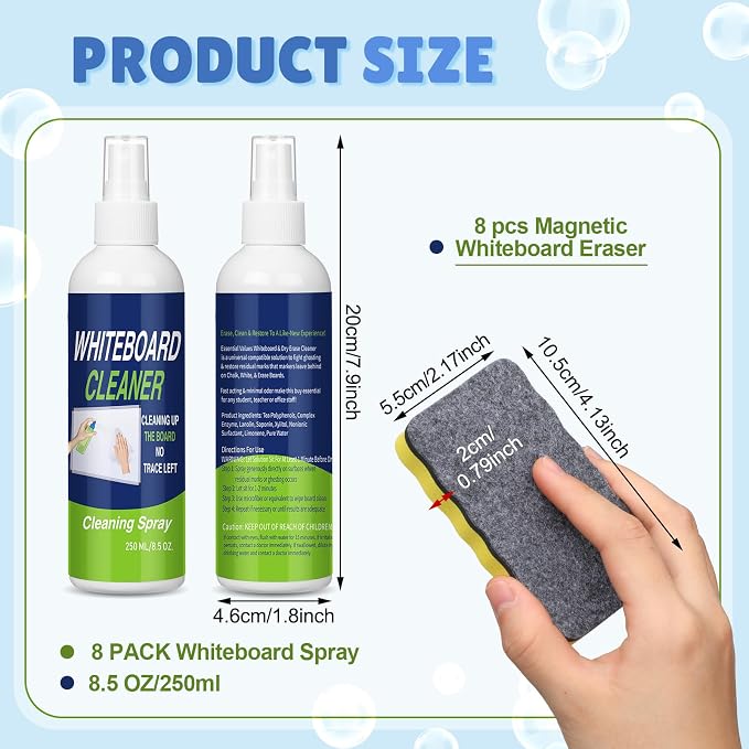 Fuyoooo 8 Pack Whiteboard Cleaner Set 8 Pcs 8.5 Fl oz Dry Erase Whiteboard Cleaning Spray Dry Erase Board Liquid Cleaner with 8 Pcs Magnetic Chalkboard Board Erasers for Classroom Home Office