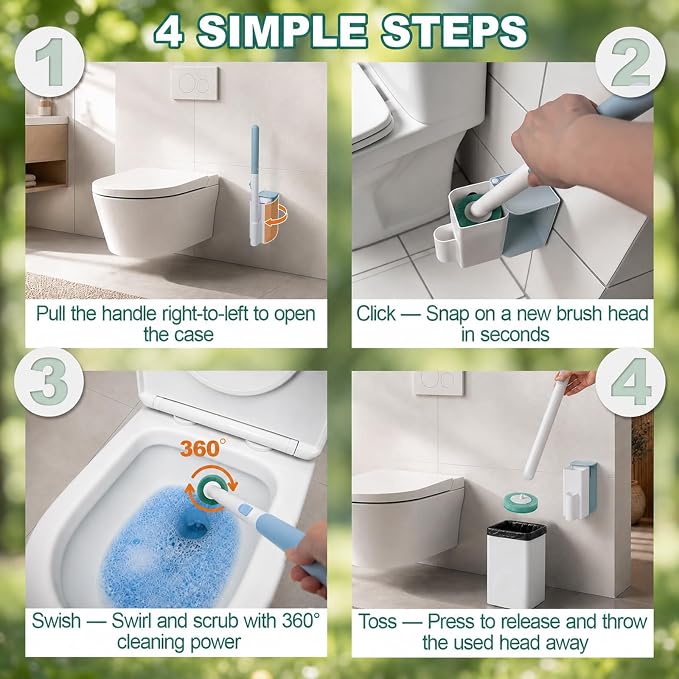 Disposable Toilet Brush, Wall Mount Holder Set with 24 Refill Brush Heads | Hands Free Toilet Brush with One-Button Release, Bathroom Cleaning Set for RV & Small Bathroom, 3 Mixed Scent Refill Heads