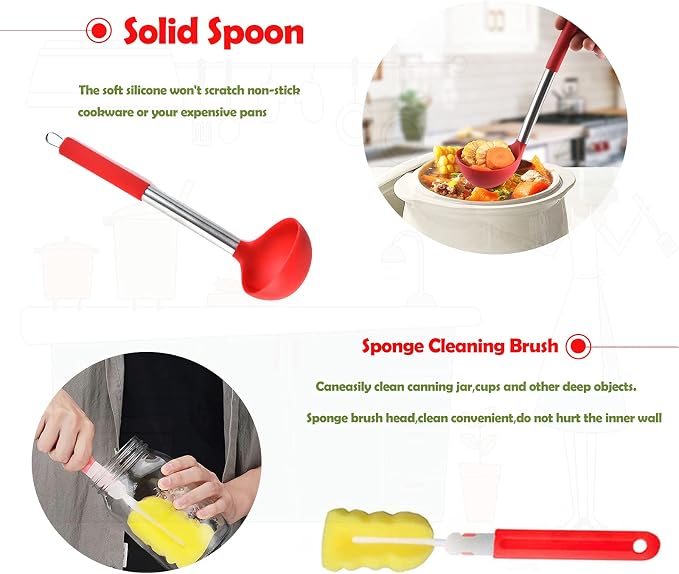 Canning Supplies Kit - 9 Piece 430 Stainless Steel : Rack,Funnel,Jar Lifter,Jar Wrench,Lid Lifter,Tongs,Spoon,Cleaning Brush/Bubble Remover Tool.Suitable for all beginners and professionals