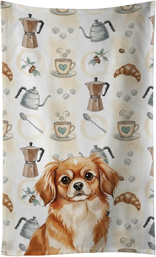 Caroline's Treasures Red Tibetan Spaniel Coffee Bar Kitchen Towel Velour Plush Front and Cotton Loop Back Machine Washable