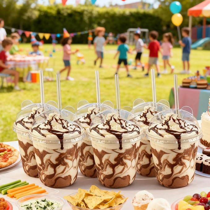 Qsqwsuye 50 Sets 12oz Disposable Transparent Plastic Cup with Panda Lids & Straws, Easy-to-Grip Design, Suitable for Iced Coffee, Milk Tea,Milkshakes,Perfect for Holiday Parties,Various Dining Occasio