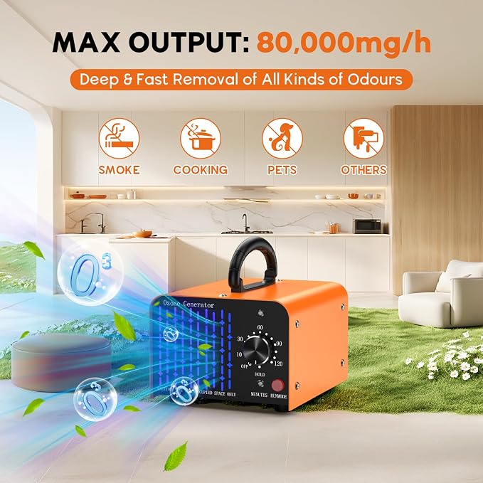Medvoe 80,000MG Ozone Odor Eliminator Generator for Home & Car | Orange, Up to 8000 sq. ft. Coverage, Pet Odors, Smoke Odors, Apartments, Vehicles, Boats, Kitchens, Bathrooms, Basements