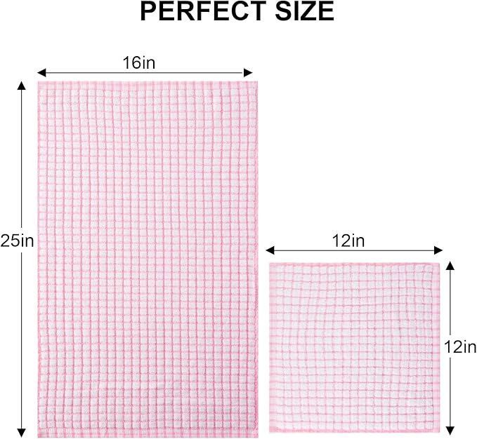 Kitinjoy Cotton 12 Pack Kitchen Towels and Dishcloths Sets, 16 x 25 Inch & 12 X 12 Inch Dish Towels Bulk, Super Soft and Absorbent Hand Towels for Kitchen Drying, Pink