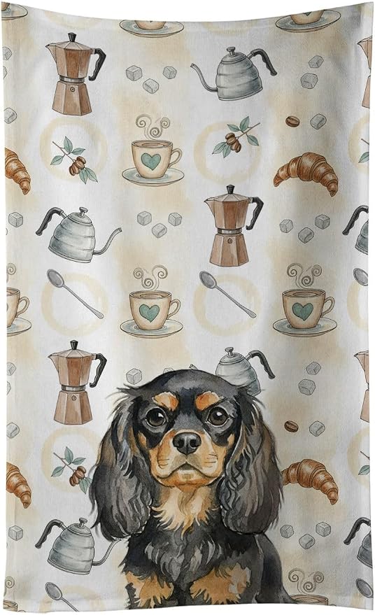 Caroline's Treasures Black and Tan English Toy Spaniel Coffee Bar Kitchen Towel Velour Plush Front and Cotton Loop Back Machine Washable