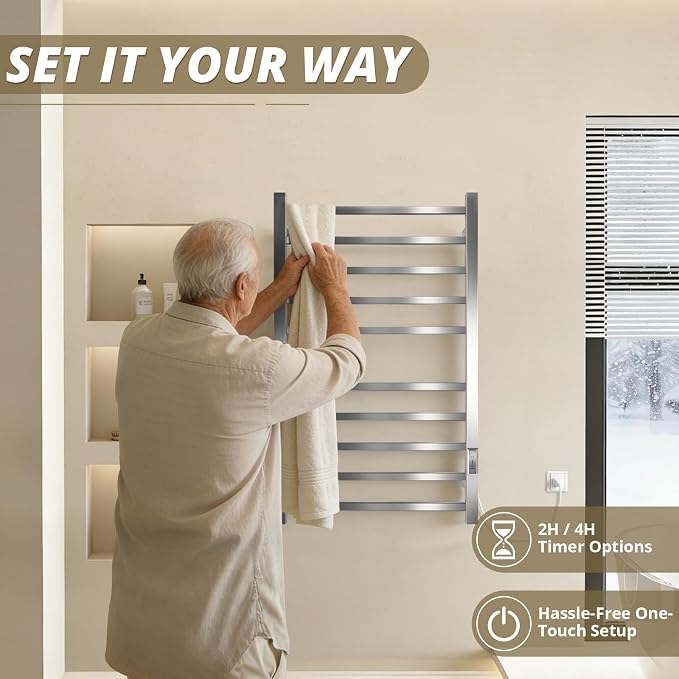 Towel Warmers for Bathroom, Heated Towel Rack Wall Mounted, 10 Bars Large Electric Hot Towel Rack with Built-in Timer, Plug-in, Fast Heating, Brushed Nickel