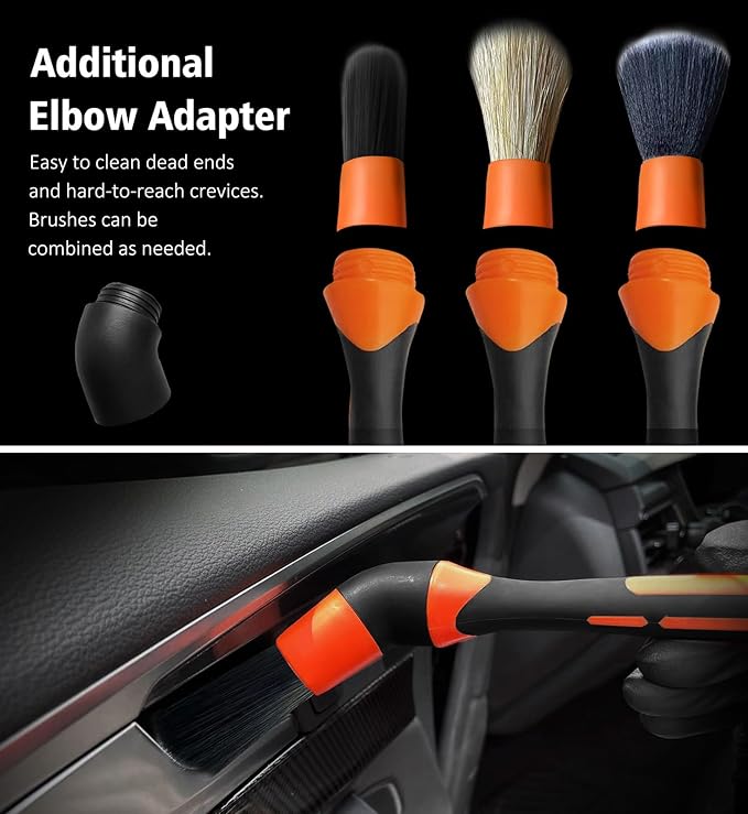YeewayVeh Car Detailing Brush Set, 5Pcs Car Detailing Brushes with 2 Elbow, 2pcs Boars Hair, 1pc Ultra Soft Detail Brush for Dashboard Air vent Leather Seat, 2pcs Detailing Brush for Interior Exterior