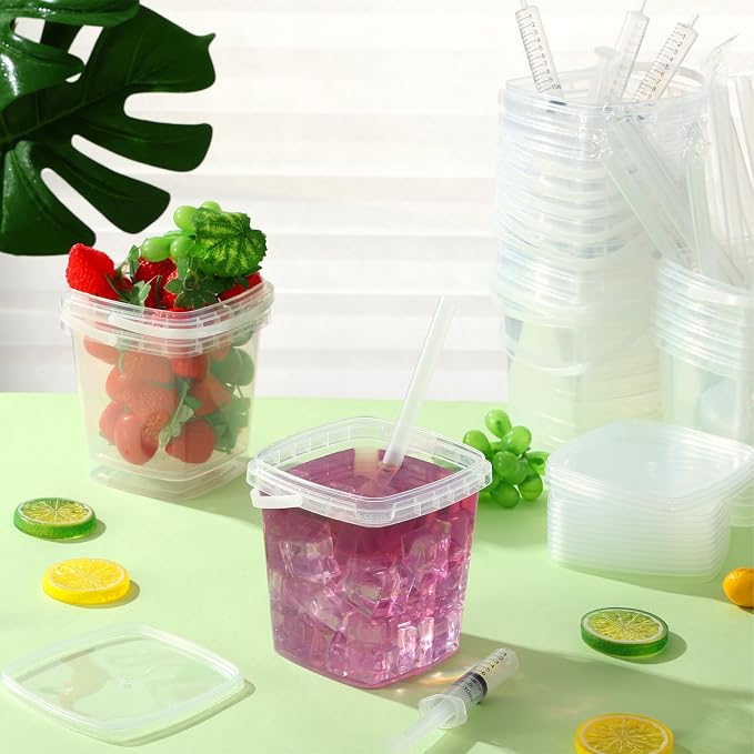 50 Sets Clear Plastic Drink Buckets with Lids Straws Syringes and Handles - 34 oz Disposable Rum Drink Buckets Punch Bowls for Wine Beer Cocktai Pool Beach Party Supplies