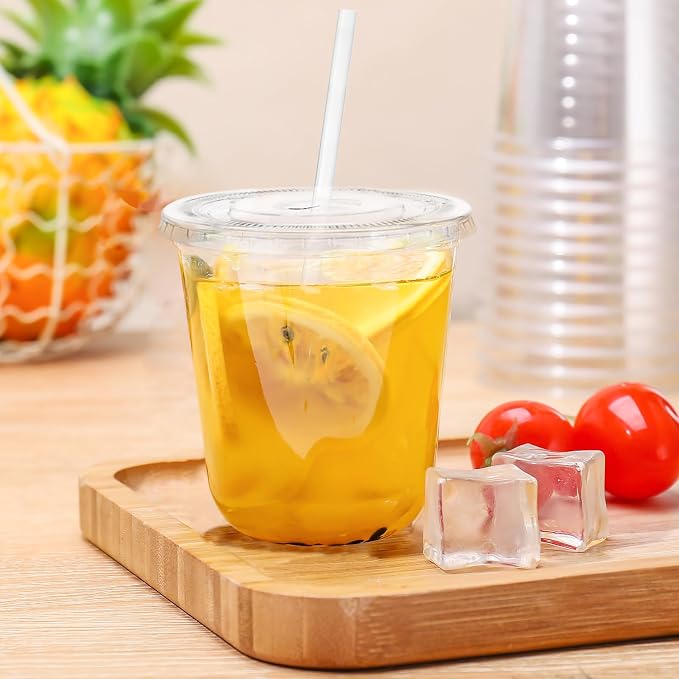 12oz Disposable Stemless Glasses with Flat Lids and Straws,PET Disposable Drinking Cups,Clear Plastic Wine Glasses for Parties Birthday,Wedding,Meeting,Christmas Party Supplies. (50, Transparent)