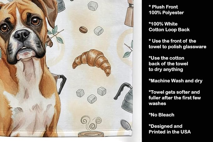 Caroline's Treasures Boxer Coffee Bar Kitchen Towel Velour Plush Front and Cotton Loop Back Machine Washable