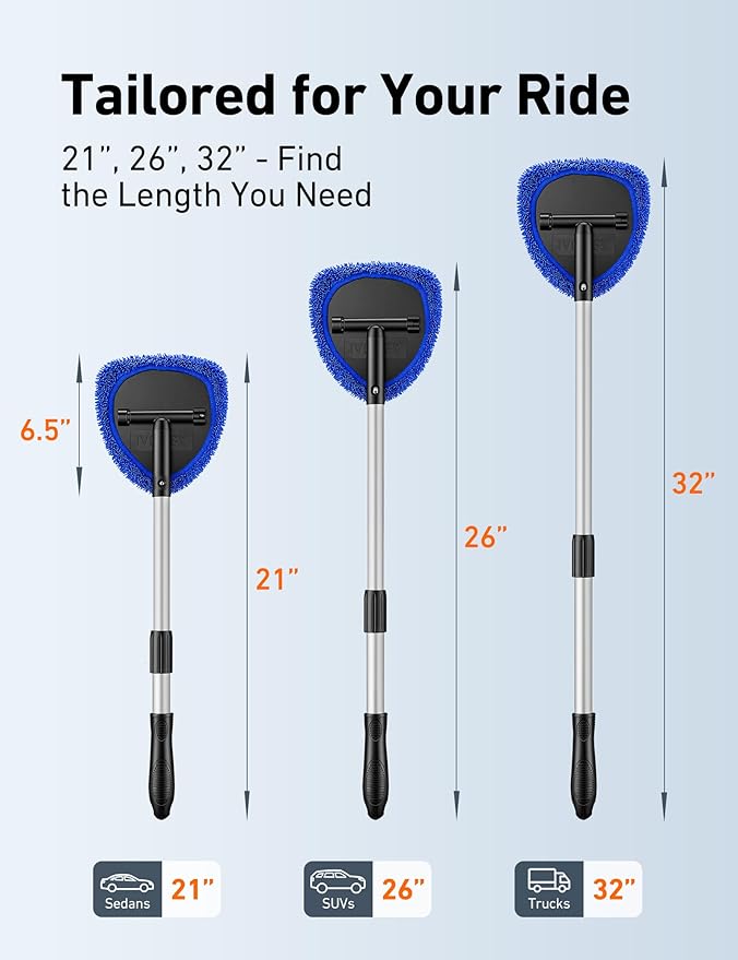 AstroAI Windshield Cleaner Tool, Car Interior Detailing Cleaning Kit with Extendable Handle and 4 Upgraded High-Density Reusable Microfiber Pads, Auto Glass Wiper Brush Kit for Cars, Blue, 15.9in-21in