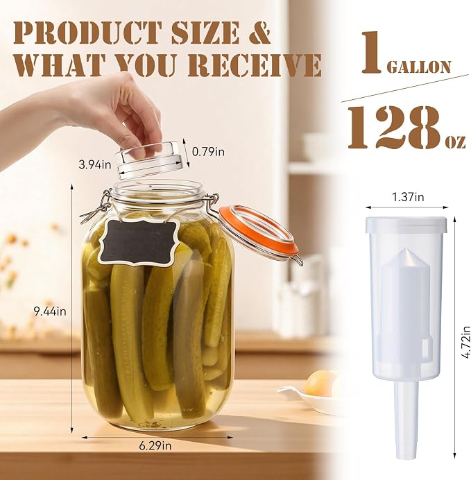 2 Pack 1 Gallon Large Fermentation Jars with Airlocks, Glass Fermenting Kit for Veggies, Sauerkraut, Kombucha, Pickles