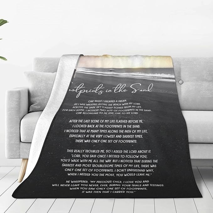 Footprints in The Sand Blanket Christian Gifts Bible Verse Scripture Throw Blanket Comfy Plush Flannel Fleece Warm Soft Fluffy Fuzzy Blanket for Prayer Adults Women Men for Bed Sofa Couch 50"X60"