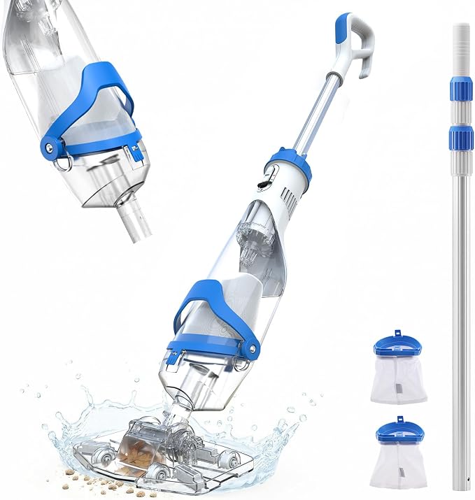 Pool Vacuum for Above Ground & Inground Pools, Consciot Cordless Handheld Rechargeable Pool Cleaner, 1110 GPH Suction, 75Min Runtime, Telescopic Pole up to 87.5", See-Through Head for Spas & More