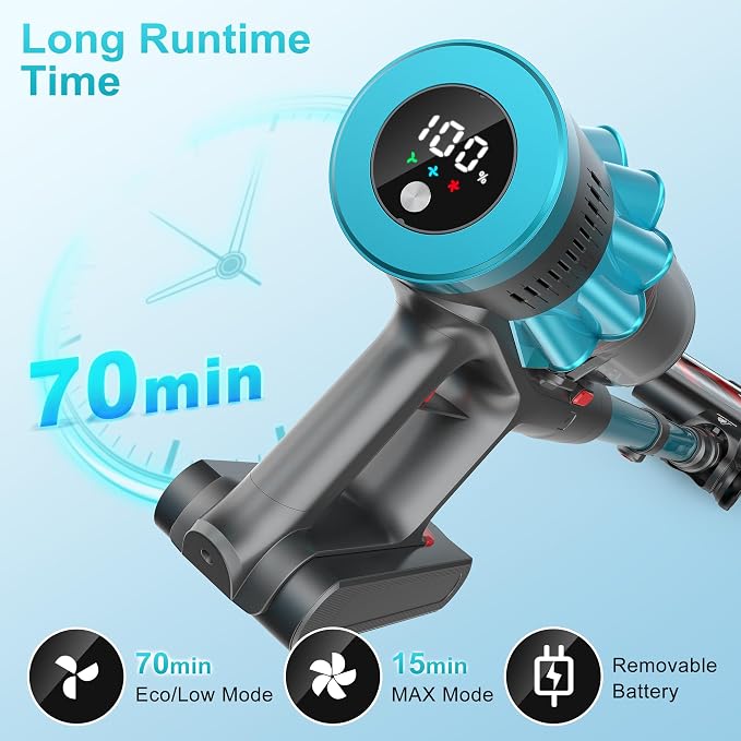 Cordless Vacuum Cleaner, 55Kpa 70Mins Stick Vacuum for Home with LED Display and Self-Standing, Vacuum with Anti-Tangle Brush&Wall Mount Charging, Vacuum Cleaners for Pet Hair/Carpets/Floors