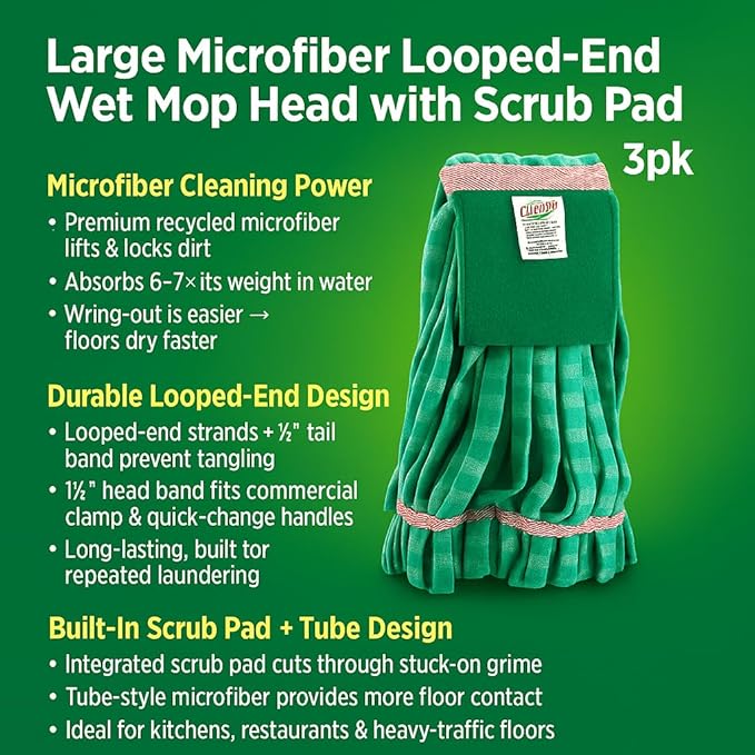 Libman Commercial 3 Pack – Large Microfiber Looped-End Wet Mop Head with Scrub Pad (#1831) – Tube-Style Microfiber Mop Refill, Heavy Duty, High Absorbency, Fits Clamp & Quick-Change Handles
