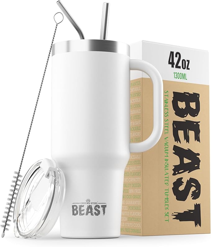 Beast 42 oz Tumbler with Handle Stainless Steel Vacuum Insulated Coffee Ice Cup Double Wall Travel Flask (Arctic White)