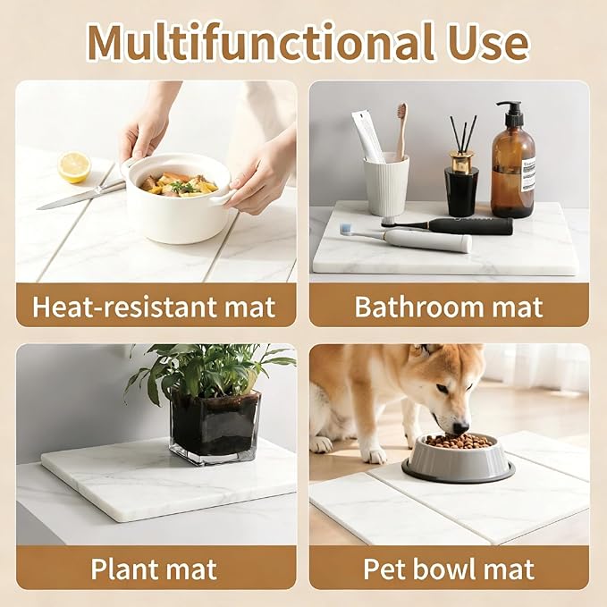 Large Quick-Dry Stone Drying Mat for Kitchen Counter, 24" × 16", Foldable Diatomaceous Earth Dish Drying Mat with PU Non-Slip Base,for Bottles Cups Dishes (White (3-fold), 24" × 16")