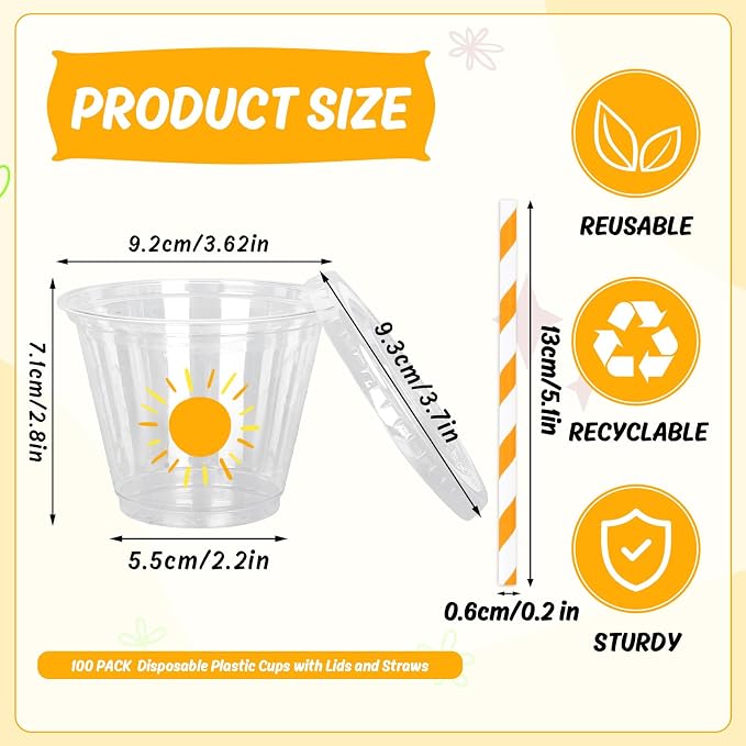 Whaline 100Pcs 9Oz Boho Sun Disposable Plastic Cups with Lids and Straws Cute Yellow Sunshine Cold Beverage Drinking Cups for Iced Coffee Smooth Juice Tea Milkshake