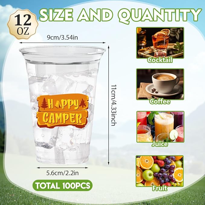 100Pcs Camping Plastic Party Cups, 12oz Camping Disposable Clear Cups for Outdoor Parties, Picnics, BBQ, Birthday, RV Trips Party Decorations (2 Styles)