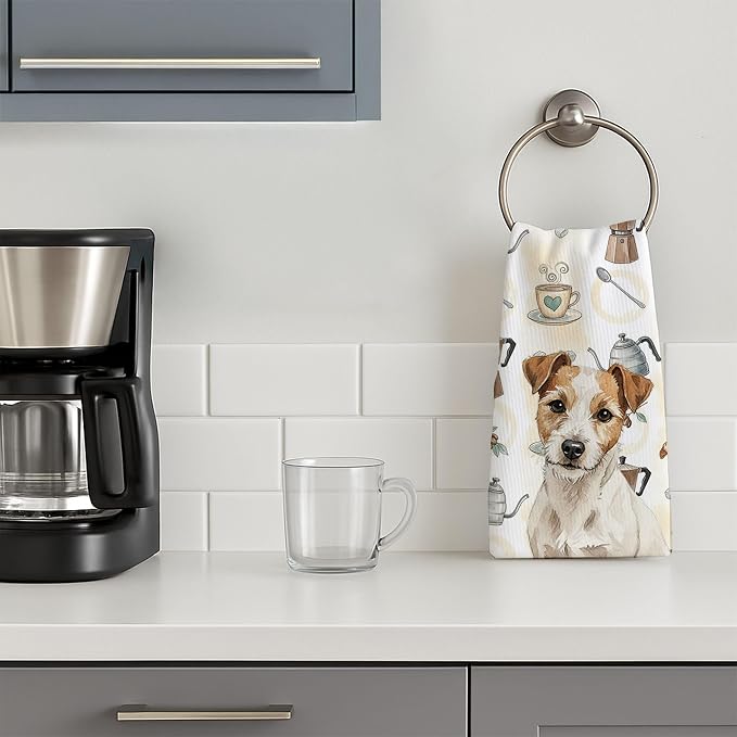 Caroline's Treasures White with Tan Markings Russell Terrier Coffee Bar Kitchen Towel Velour Plush Front and Cotton Loop Back Machine Washable