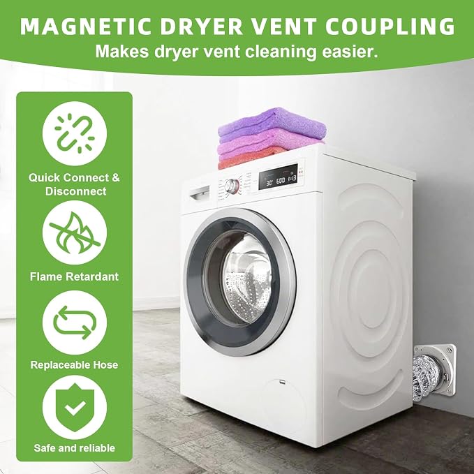 Magnetic Dryer Vent Coupling Quick Connector DV180 Airtight Seal,Dryer Vent Connector Kit Including 2.6ft 4" Duct and two Clamps | Quick Connection and Disconnection, Strong Magnet Self-Alignment Design, Quick-Installation, Dryer Vent Connector Kit