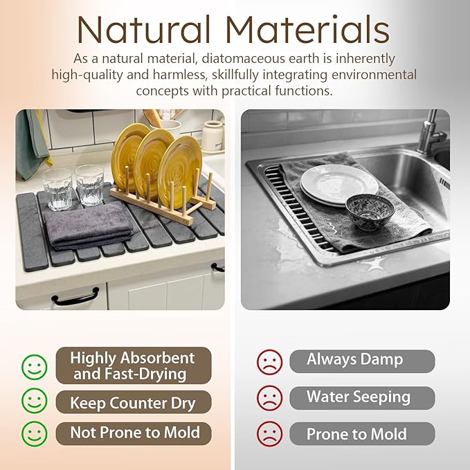 Large Stone Dish Drying Mat for Kitchen Counter, Collapsible Marbled Quick-Dry Diatomaceous Earth Mat with Dish Rack and Towel, Versatile Drying Mats for Kitchen Utensils (Dark Gray 23.6"×15.4")