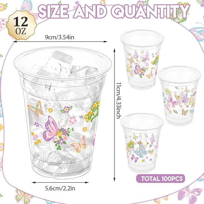 100 Pcs Butterfly Plastic Cups 12 oz Butterfly Disposable Cups Clear Butterfliy Theme Drinking Cup Spring Party Favor Drinking Beverage Cup for Baby Shower Birthday Party Supplies