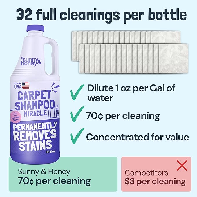 Sunny & Honey Heavy Duty Carpet Cleaner Solution for Machines - Powerful Stain and Surface Odor Eliminator For New and Deep-set Pet Messes - For Rugs, Couches and Upholstery (32 Fl Oz, Light Lavender)