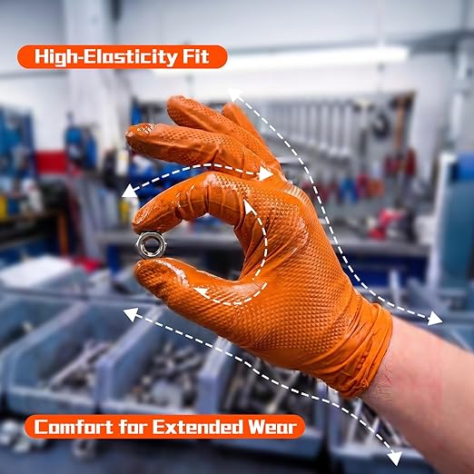 ANBOSON 10mil Nitrile-Gloves Disposable-Orange Chemical-Resistant Rubber - Mechanic Gloves Heavy Duty Latex Free Diamond Grip (100, Large)