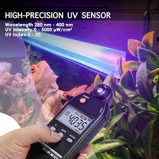 UV Meter Digital UVB Meter, 280-400 nm UV Index Meter with UV and UVI Switchable, 0-5000 μW/cm² Measuring Range UV Detector with 100 Groups Data Record, UV Index Meter for Reptiles, etc.