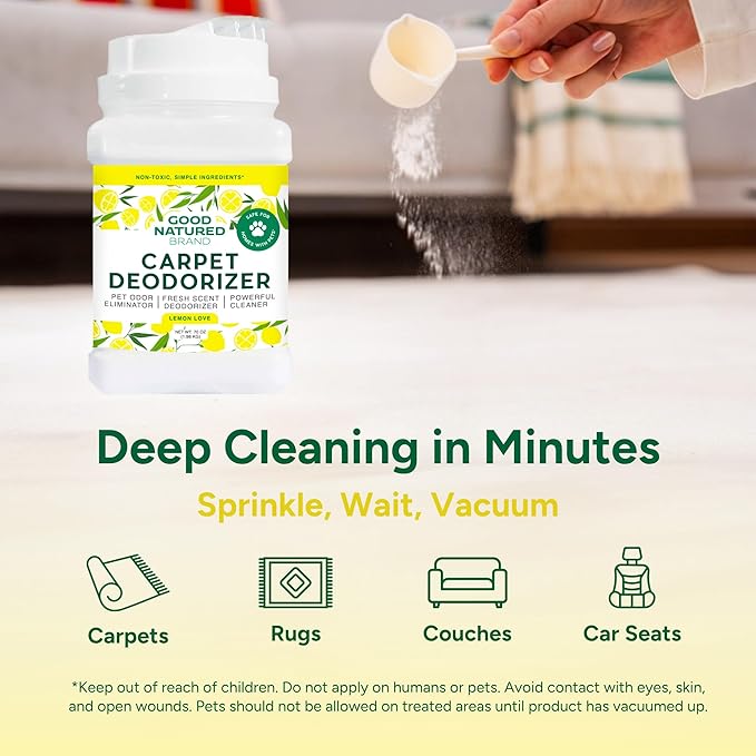 Good Natured Brand | Carpet Deodorizer & Freshener Powder | 70 oz Pet Odor Eliminator for Strong Odor & Pet Urine | Fresh Natural Lemon & Eucalyptus Scent | Safe for Homes with Pets