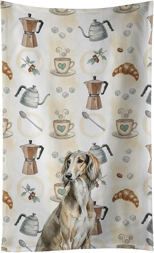 Caroline's Treasures Grizzle Saluki Coffee Bar Kitchen Towel Velour Plush Front and Cotton Loop Back Machine Washable