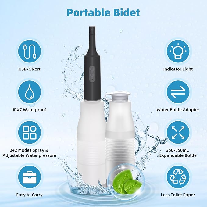 Hibbent Portable Bidet for Travel, High Pressure Electric Handheld Bidet Sprayer, 350-550ML Expandable Bottle for Personal Hygiene, USB-C Rechargeable Waterproof, Travel Sprayer for Women & Men, Black