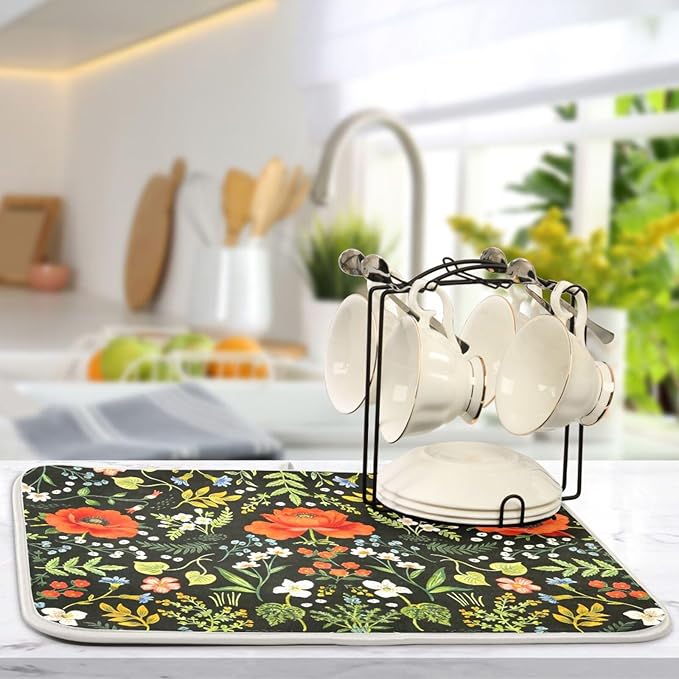 Colorful Floral Large Dish Mat Absorbent Drying Mats for Countertop 18 x 24 Inches Kitchen Dry Mat for Dishes