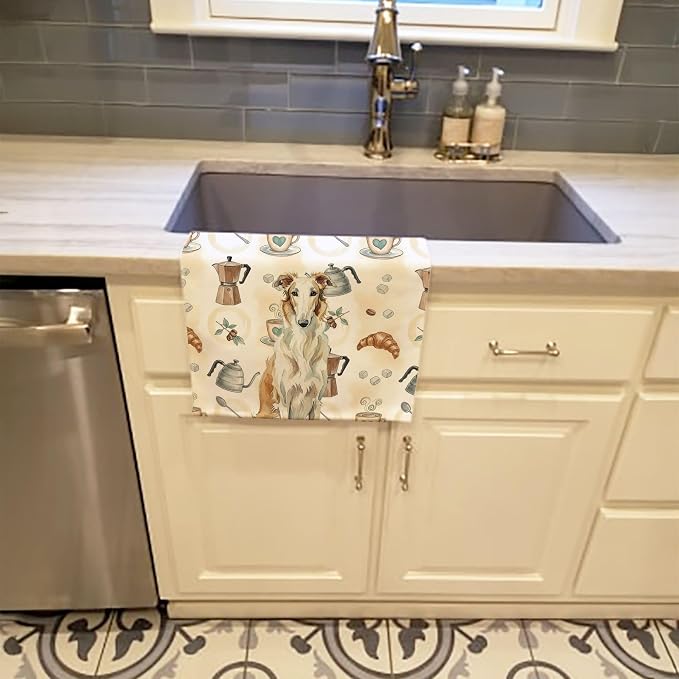 Caroline's Treasures Borzoi Coffee Bar Kitchen Towel Velour Plush Front and Cotton Loop Back Machine Washable