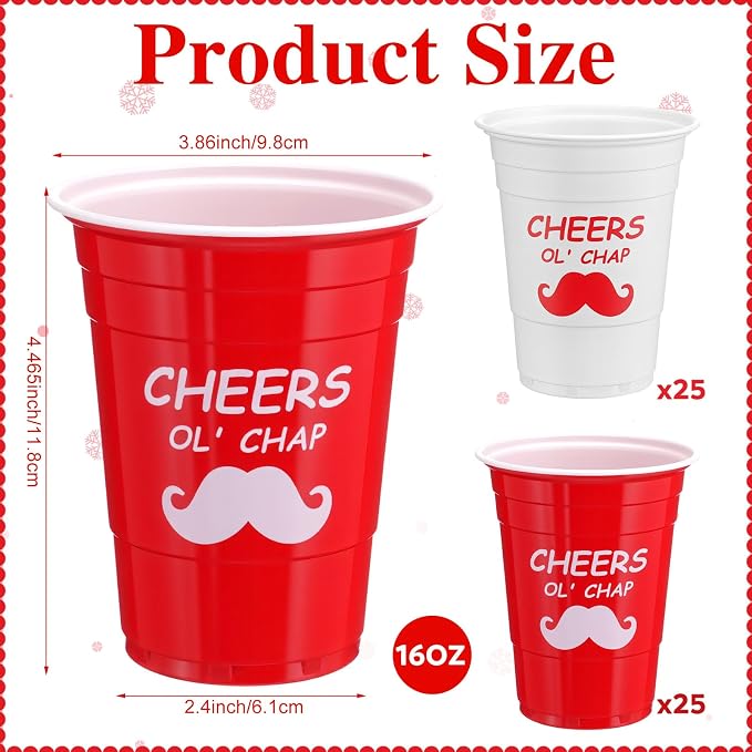 Qinyoung 50 Pcs British Party Disposable Cups Plastic 16 oz Red & White Drinking Cups for Beverage Beer Coffee British Theme Birthday Party Supplies Decorations