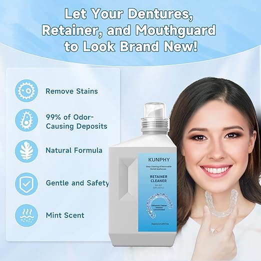 Ultrasonic Retainer Cleaner Solution for Ultrasonic Denture Cleaner-Professional Cleaning of Retainers, Invisible Aligners, Mouth Guards, Night Guards, Remove Odors, Discoloration & Stains 32oz