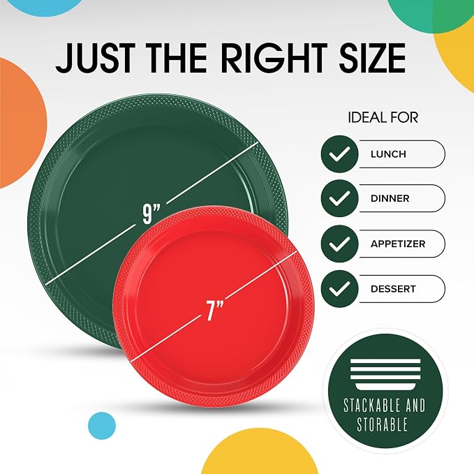 Exquisite Party Solids Green & Red Plates Disposable Green & Red Plastic Plates 100 Pieces - 50-7" & 50-9" Heavy Duty 350 GSM Disposable Dinnerware Sets, Plastic Dinnerware Sets