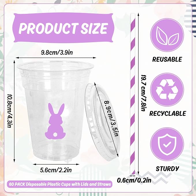 Whaline 60Pcs Easter Bunny Rabbit Disposable Plastic Cups with Lids and Straws 12oz Colorful Bunny Theme Party Cups Spring Beverage Drinking Cup for Anniversary Wedding Birthday Dinner