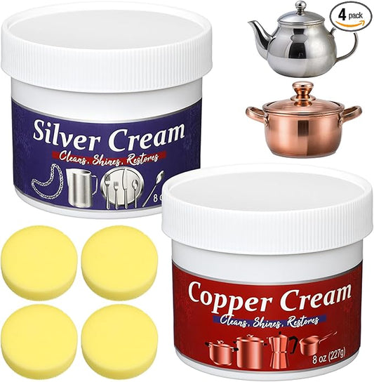 4 Pack Silver and Copper Cream Cleaner and Polish Cream 8 Ounce Each Metal Polish for Silver Copper Brass Jewelry Chrome Sink Silverware Cleaner Brass Tarnish Remover