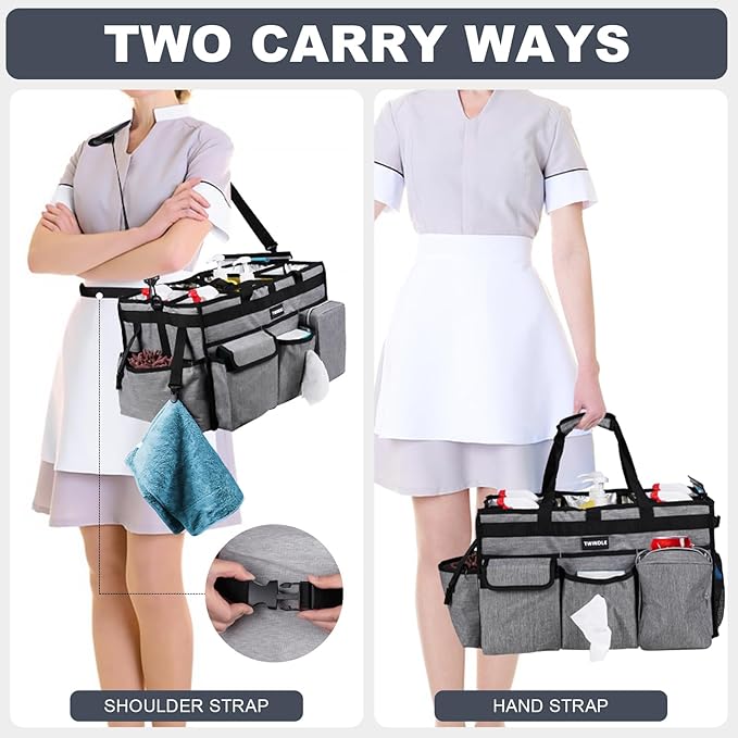 Large Cleaning Caddy Bag with Rigid Support Board, Cleaning Organizer Tote with Detachable Divider, Adjustable Shoulder Strap & Waist Belt, Cleaning Supply Carrier for Cleaners & Housekeepers