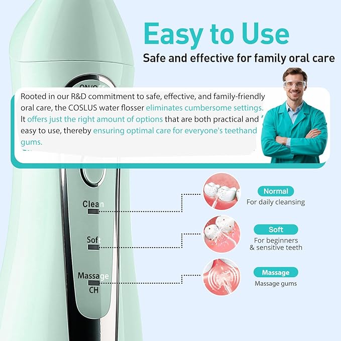 COSLUS Water Dental Flosser Teeth Pick C20: Portable Cordless Oral Irrigator 300ML Rechargeable Travel Irrigation Cleaner IPX7 Waterproof Electric Flossing Machine for Teeth Cleaning, Green