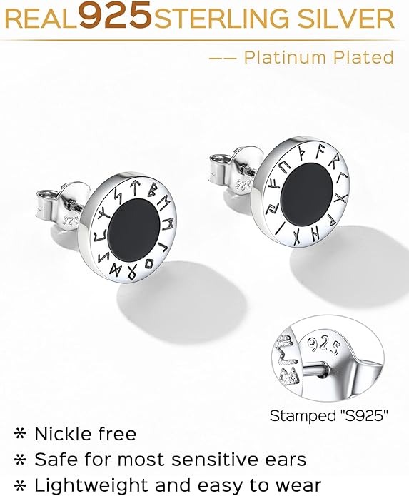ChicSilver 925 Sterling Silver Viking Rune Natural Black Onyx Stud Earrings For Women Men