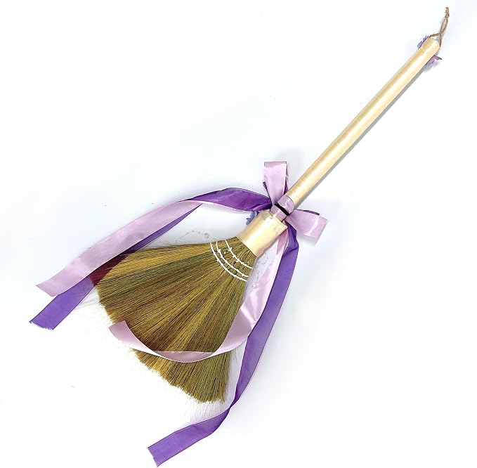 Wedding Broom Jumping Broom for Wedding Ceremony 28 inch Tall Whisk Brooms with Straw White Pampas Grass, Purple Butterfly/Ribbons (Finish Product)