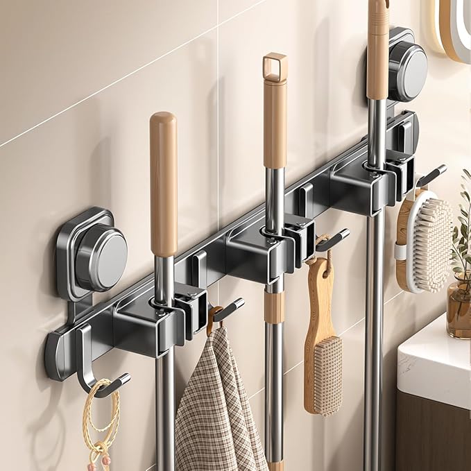 AmoiChic Wall Mount Broom and Mop Holder, Rectangular, Aluminum, Heavy Duty Storage Organizer with Hooks and Slots, Modern Style, for Home, Garage, Kitchen, Laundry, 19.6x 4.9 Inches, Gray