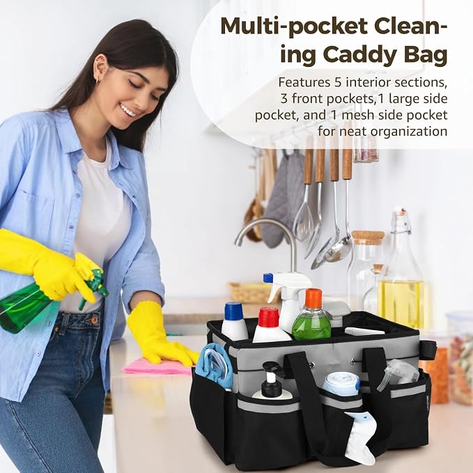 Wearable Cleaning Caddy Bag, Large Housekeeping Supply Organizer with Adjustable Shoulder Strap, Waist Strap and Handle, 600D Oxford Cleaning Tote with Dividers for Kitchen, Car Detailing, Black Gray