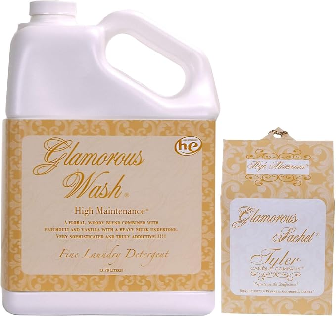 Tyler Candle Glamorous Wash High Maintenance Laundry Detergent 128oz w/High Maintenance Sachets Bundle (128 oz (w/Sachets))